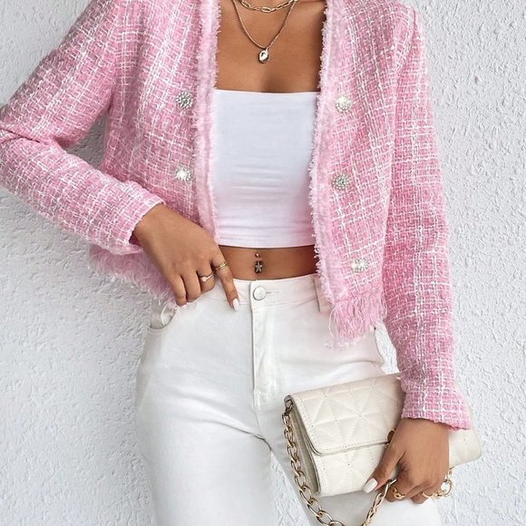 Pink Casual Womens Raw Trim Double Breasted Tweed Overcoat - Picture 4 of 5